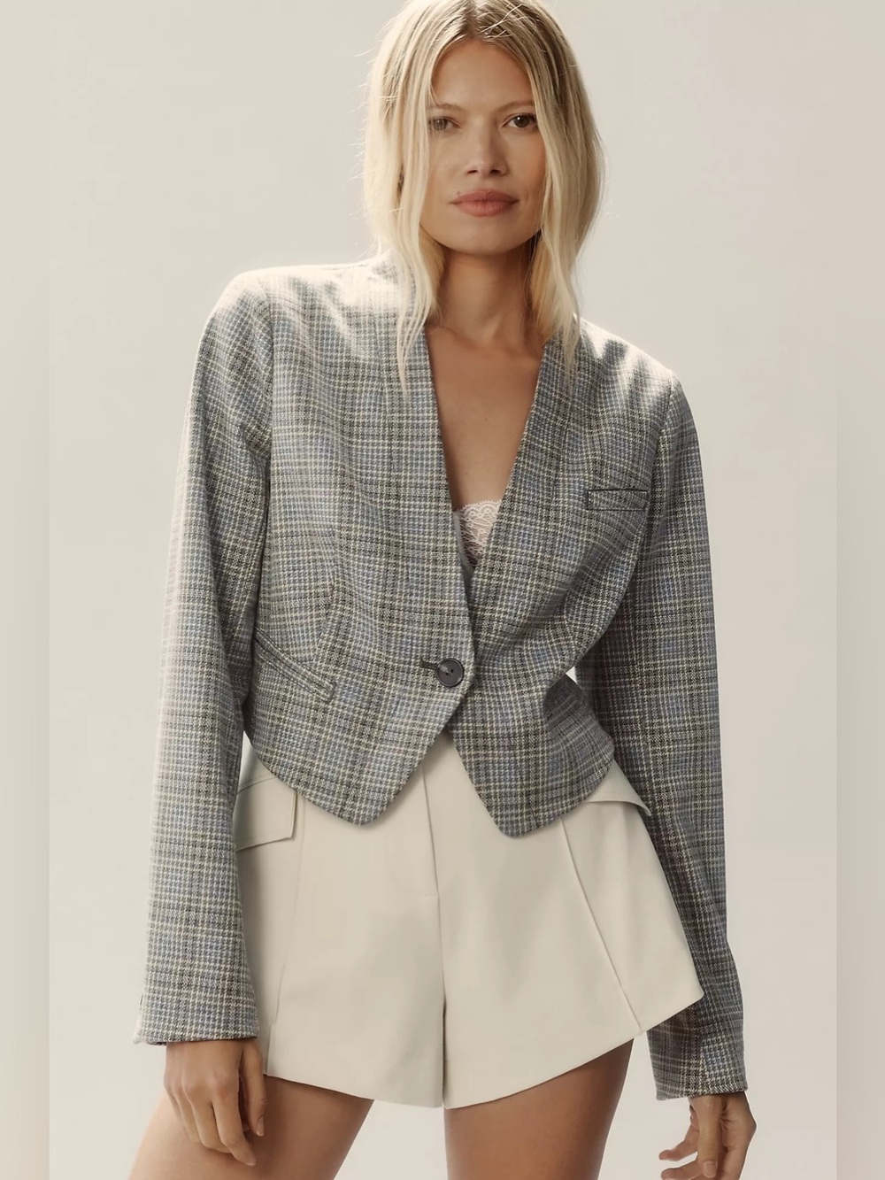 Anthropologie NWT Cropped Plaid Tuxedo Blazer Blue Gray Women Size 10